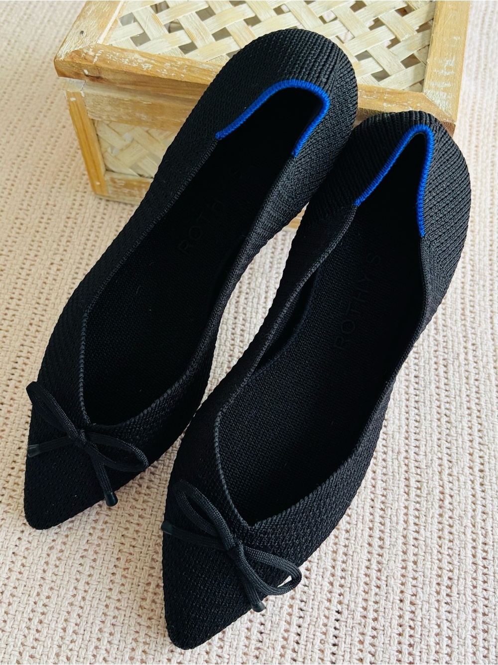 Rothy's Black Pointed Knit Ballet Flats with Bow Accent